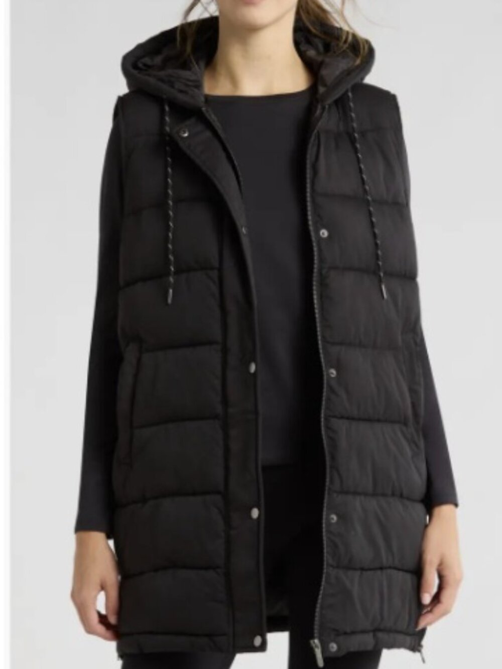 Zella Black Long Hooded Puffer Vest Small - New With Tags